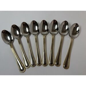Set of 8 Wallace Gold Royal Bead Stainless Place Oval Soup Spoons 7‎ 1/4"
